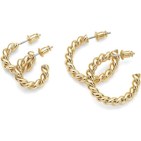 Gold twisted rope hoop earrings 14k plated 925 sterling silver post round - Picture 3 of 7